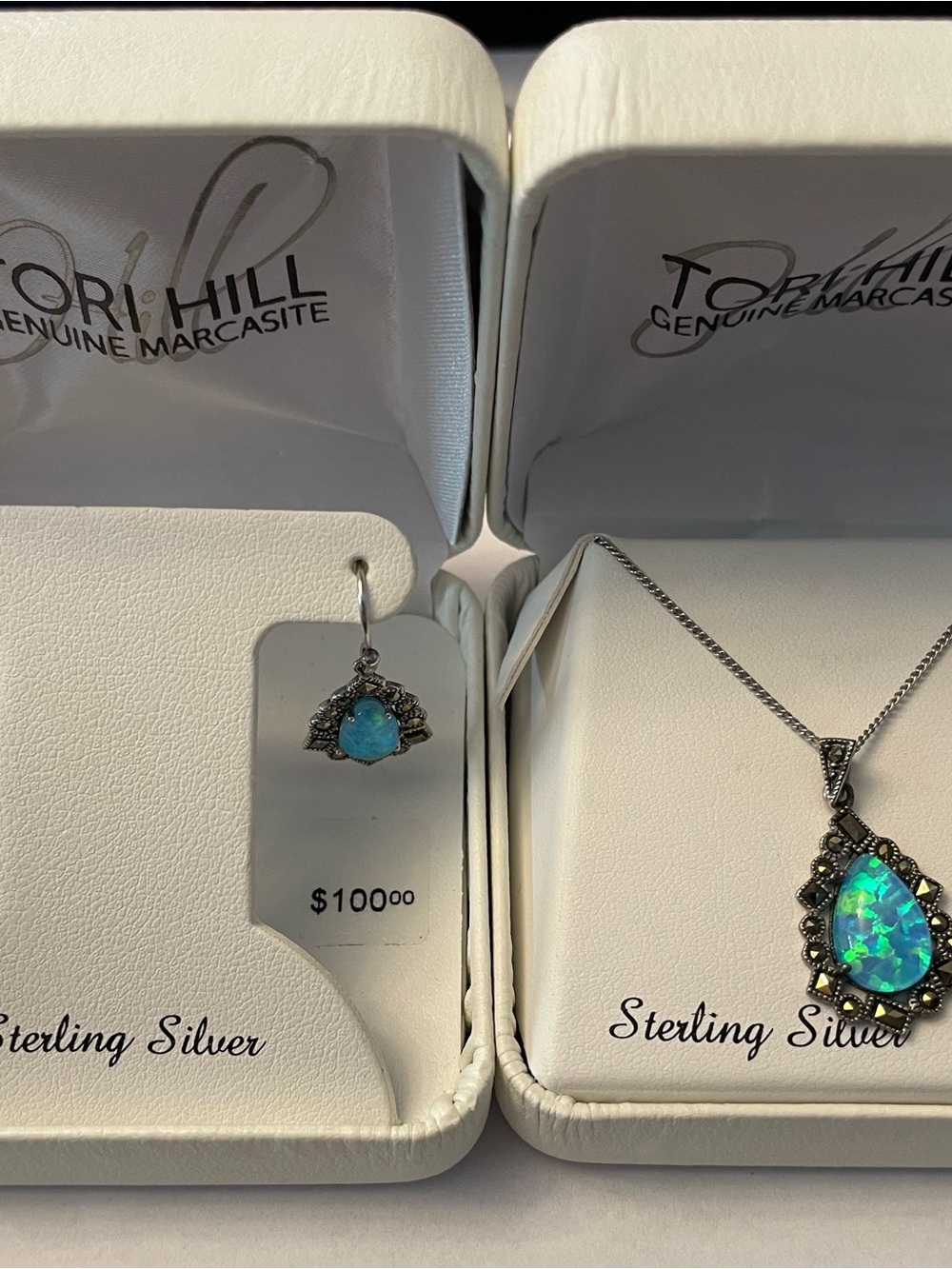Sterling Silver Teardrop Opal Necklace with matching earrings- 925